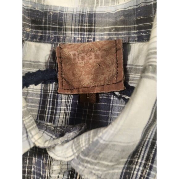 Roar Plaid Button Up Shirt Men Sz‎ L Embroidered Blue Gray Designer - Picture 5 of 7